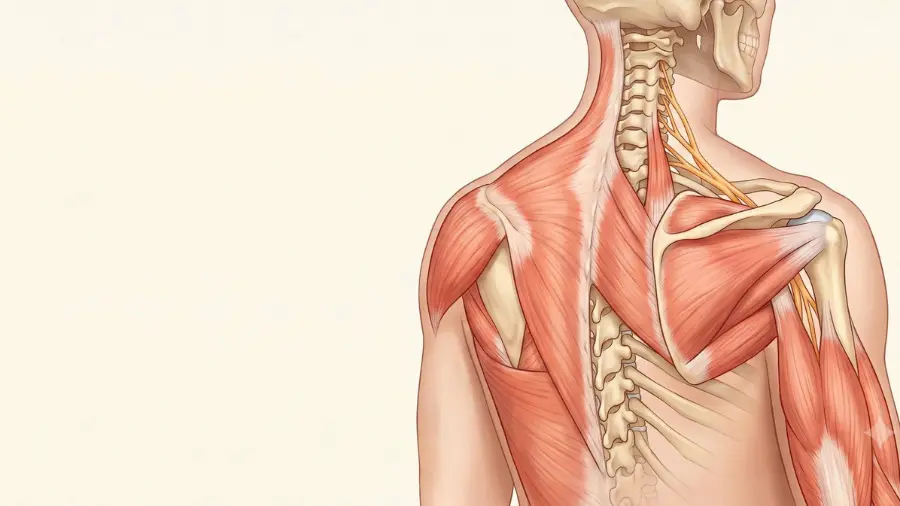 Anatomical illustration of the cervical spine, shoulder girdle and upper-back musculature