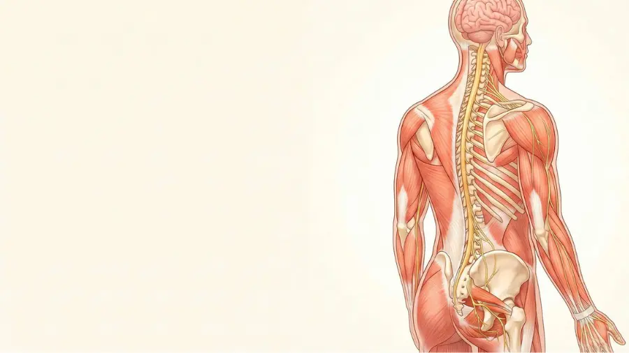 Anatomical illustration of the whole body from behind showing the spine, muscles and nerve network