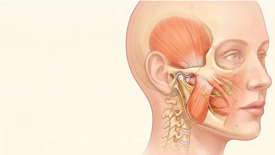 Anatomical illustration of the head in profile showing the jaw joint, facial muscles and nerves