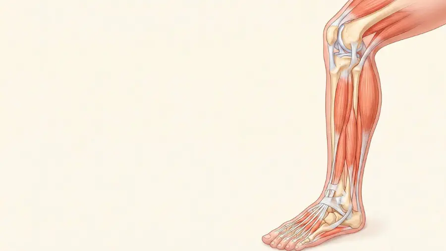 Anatomical illustration of the lower limb showing the knee, ankle and foot structures