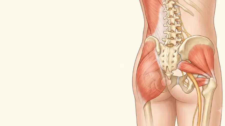 Anatomical illustration of the lumbar spine, pelvis and the course of the sciatic nerve