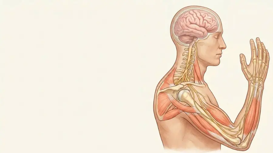 Anatomical illustration of the brain, spinal cord and peripheral nerve pathways of the arm