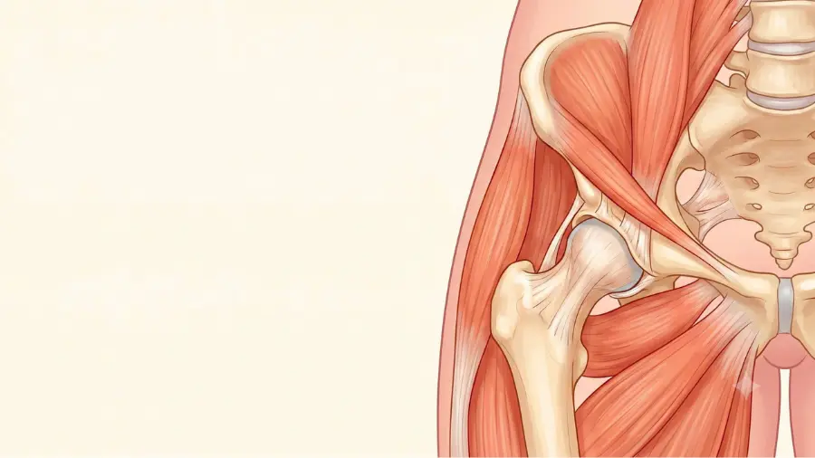 Anatomical illustration of the pelvis and hip joint with surrounding muscles and ligaments