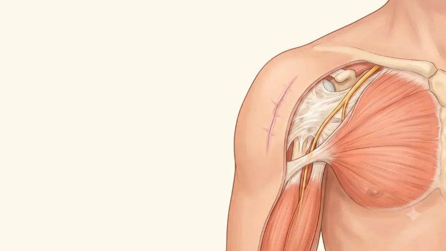 Anatomical illustration of a shoulder with a surgical scar and the underlying repaired tissue